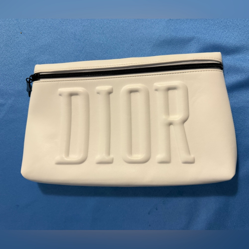 Dior Embossed White Mask Makeup Pouch with Black Zipper